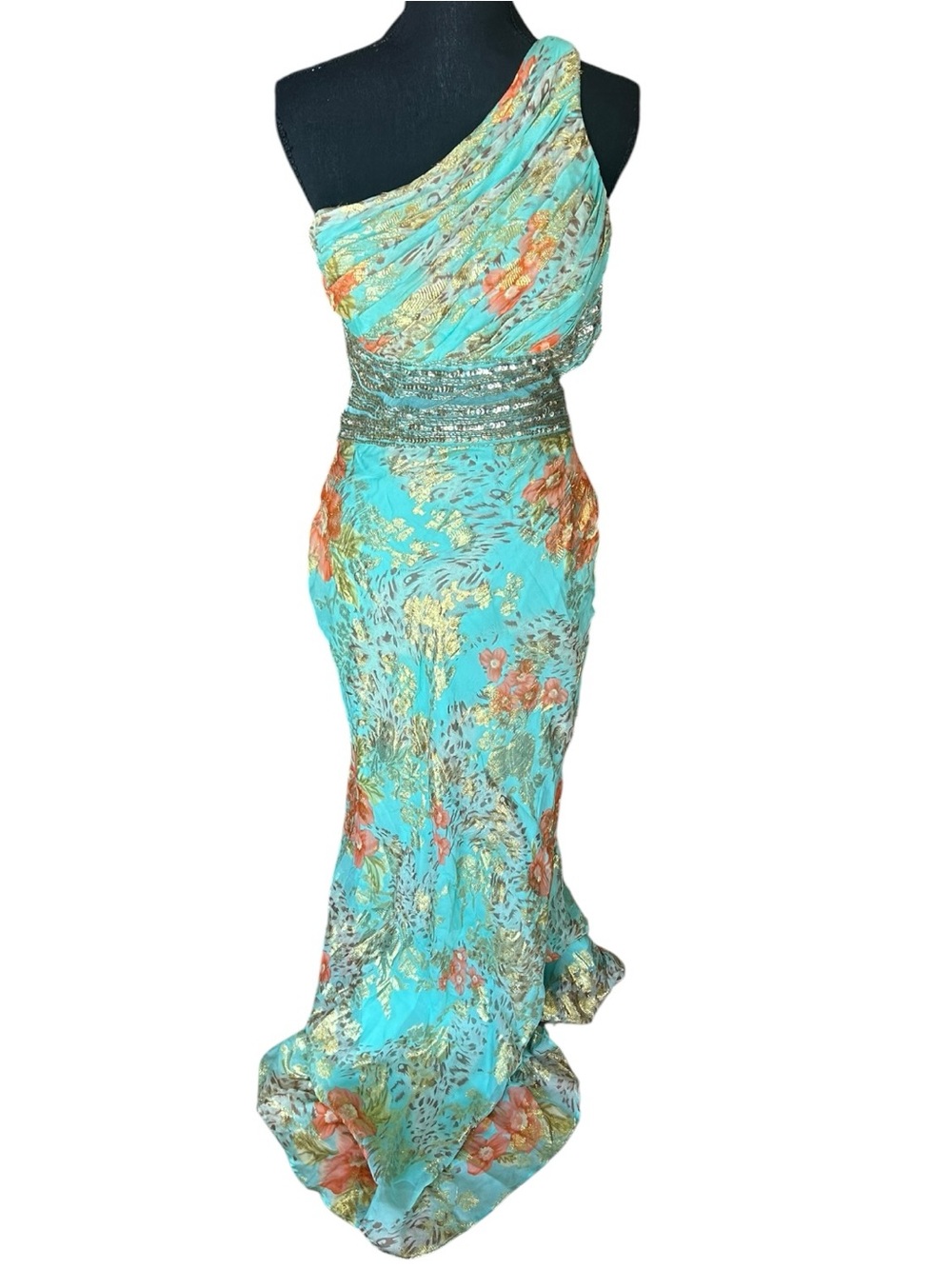 Betsy Adam Aqua Floral Metallic One Shoulder Formal Gown Open Back
